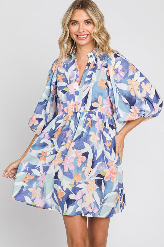 GeeGee Floral Print Mini Dress Blue Multi S 