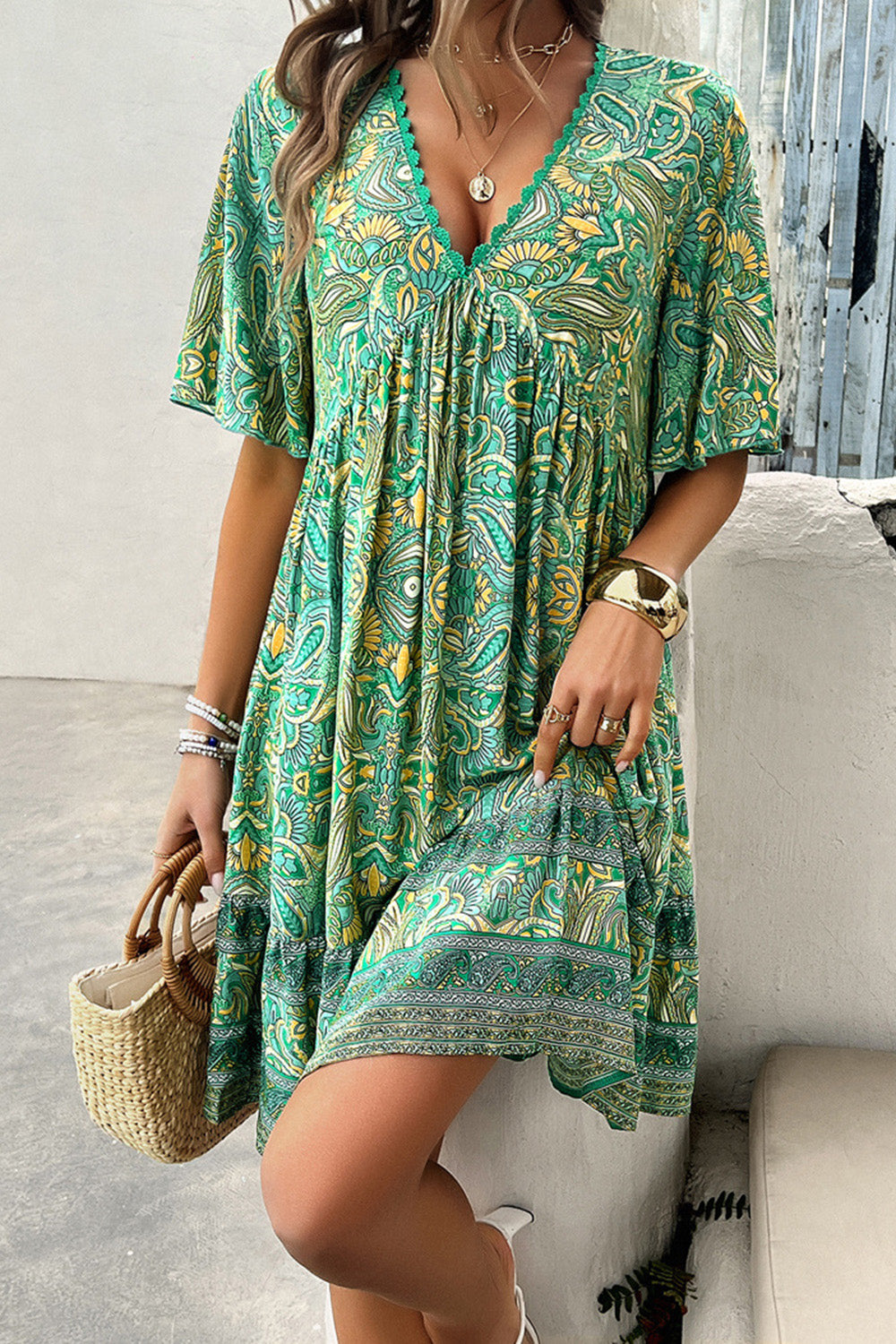 STUNNLY  Printed V-Neck Half Sleeve Mini Dress   