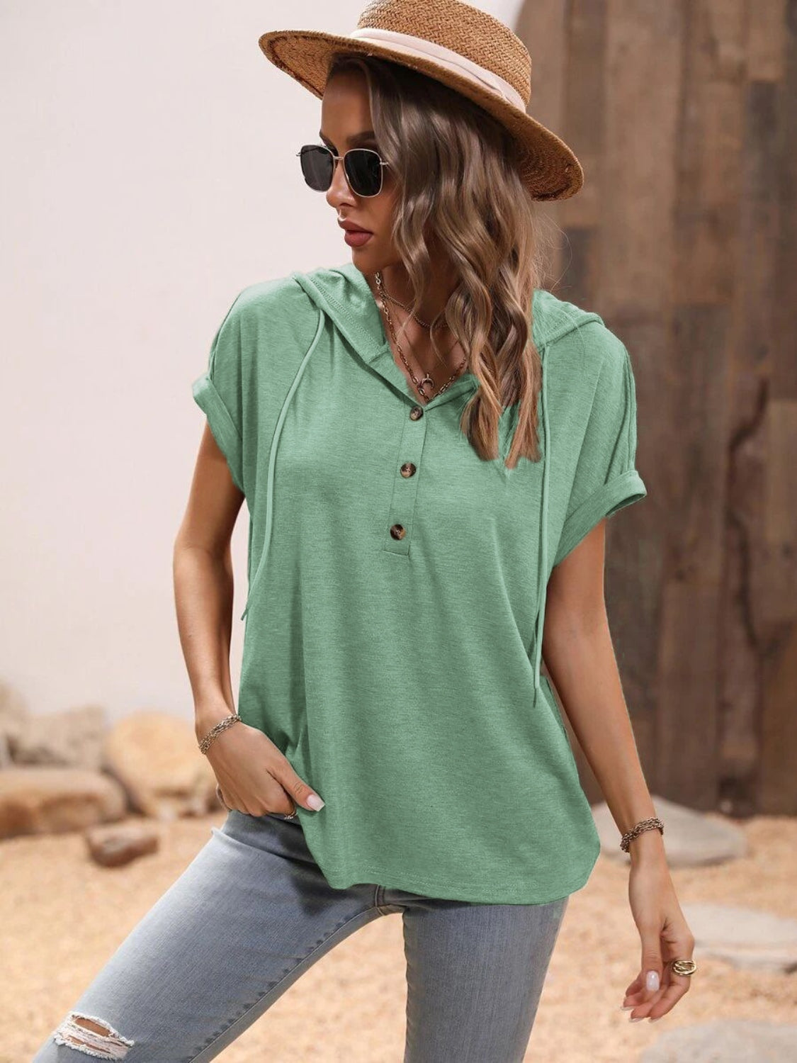 Half Button Hooded Short Sleeve Blouse Gum Leaf S 