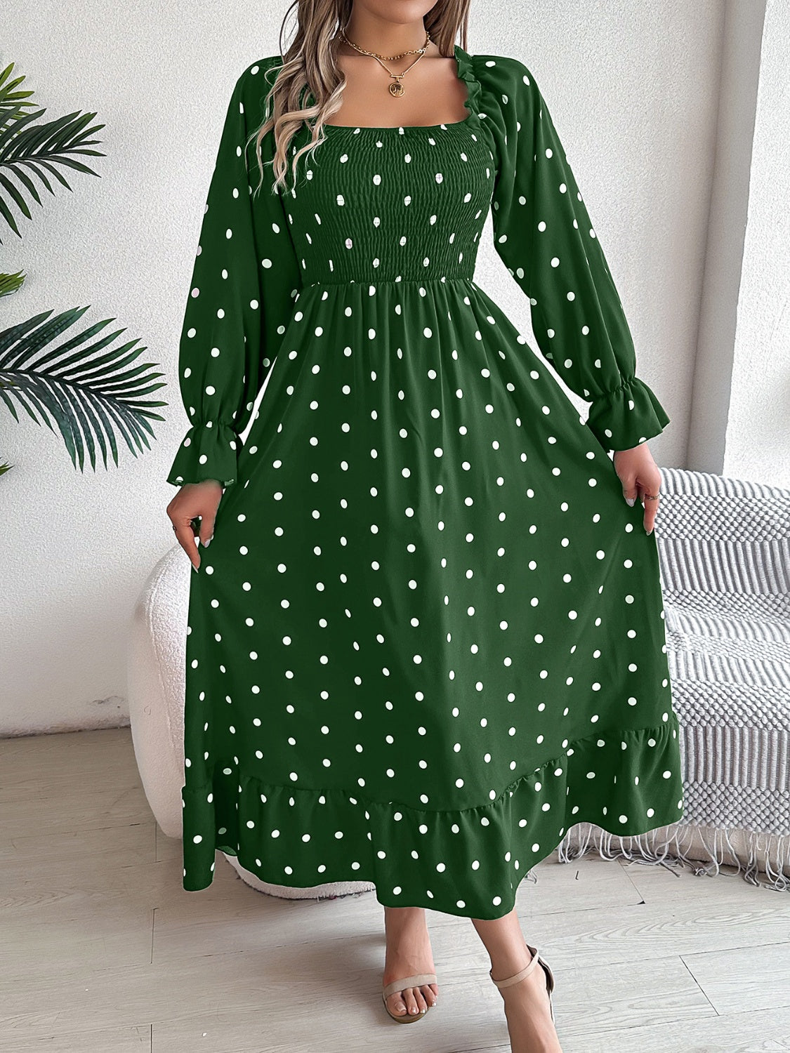 Polka Dot Flounce Sleeve Midi Dress   