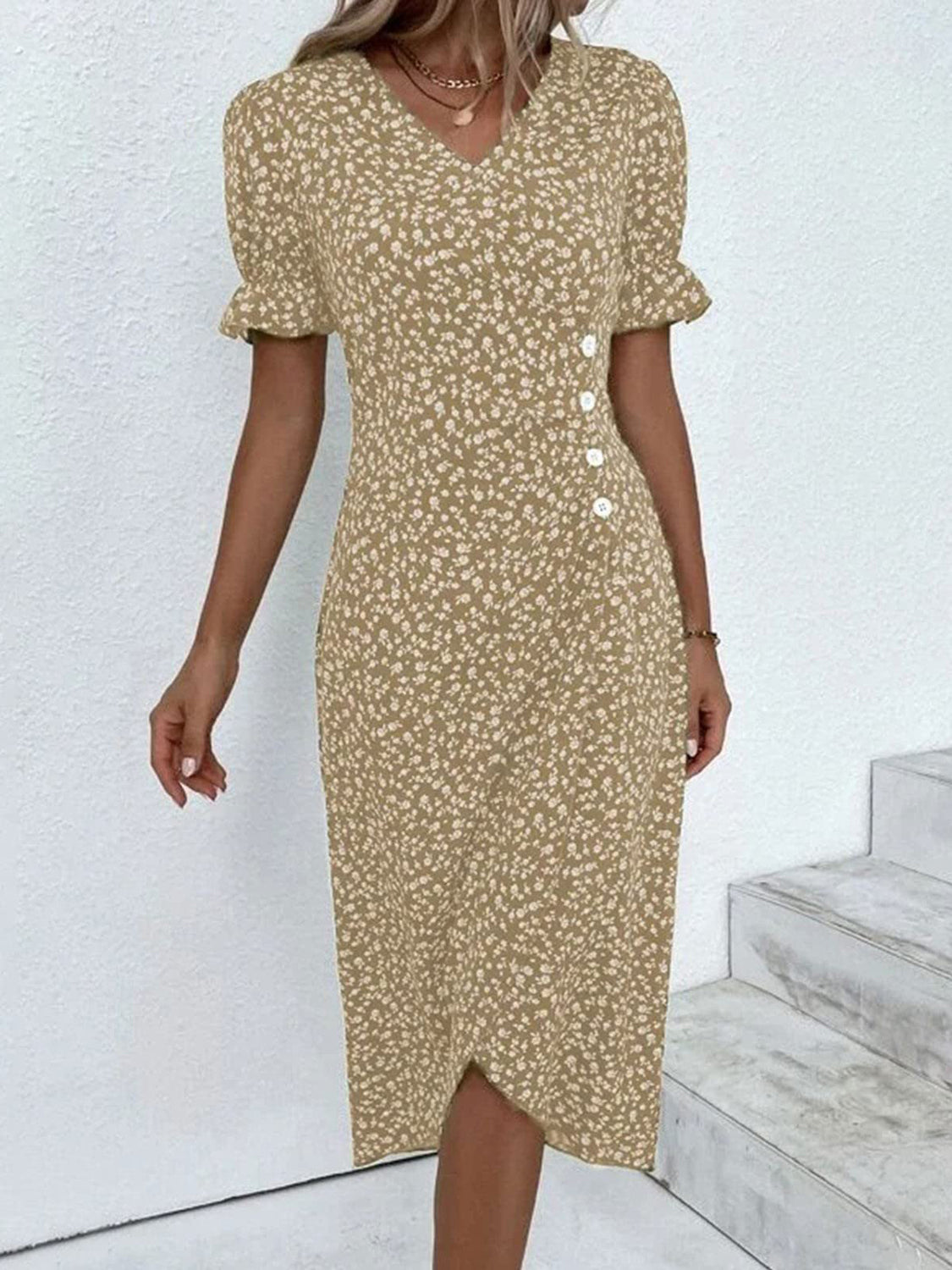 Full Size Printed Surplice Flounce Sleeve Midi Dress Tan S 