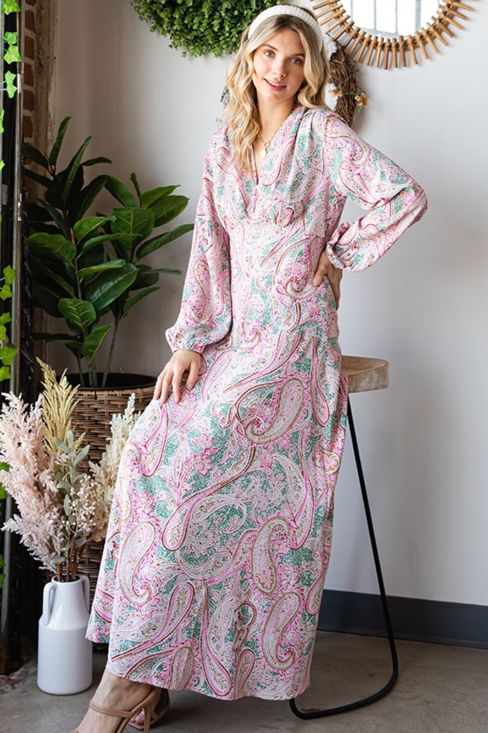 First Love Paisley Print Tie-Back Long Sleeve Maxi Dress Multi S 