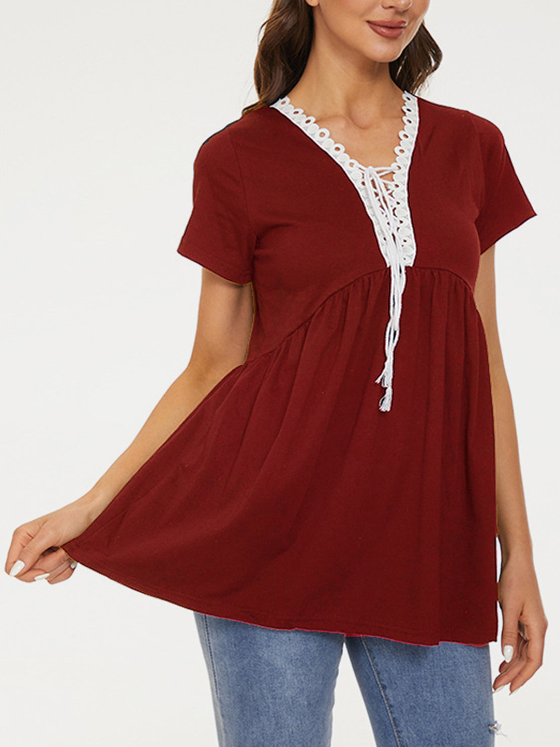 STUNNLY  Lace Detail Tie Neck Short Sleeve T-Shirt   