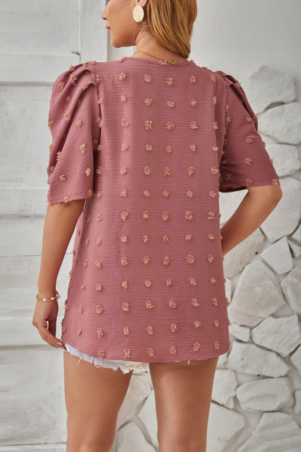 Swiss Dot Round Neck Short Sleeve Blouse   