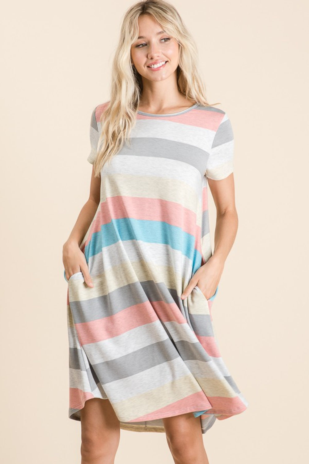 BOMBOM Striped Short Sleeve Dress with Pockets   