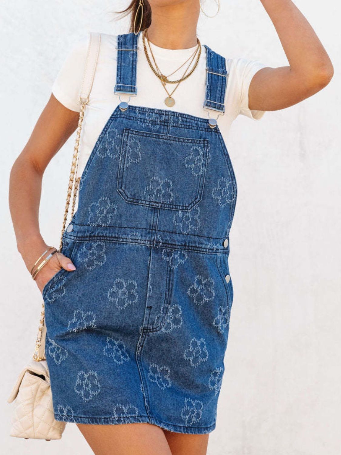 Flower Wide Strap Denim Overall Dress with Pockets   