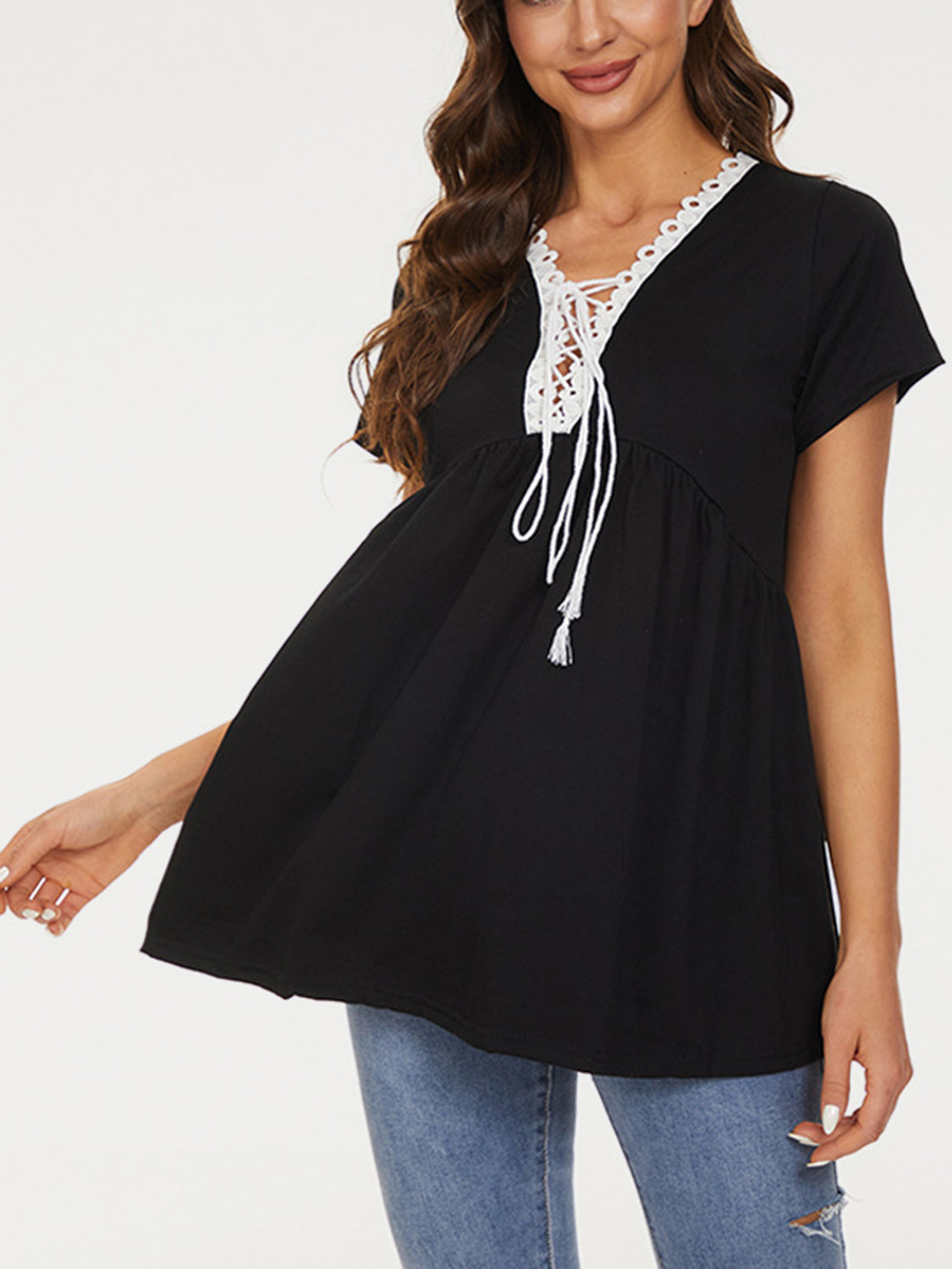 STUNNLY  Lace Detail Tie Neck Short Sleeve T-Shirt Black S 