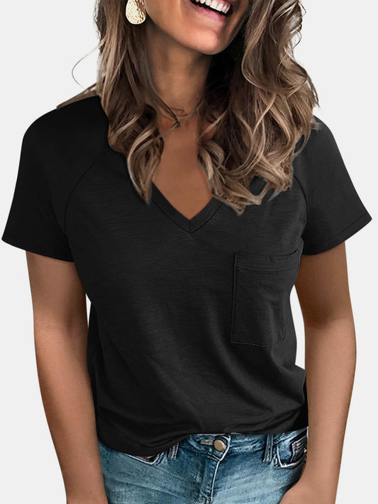 STUNNLY  Pocketed V-Neck Short Sleeve T-Shirt Black S 