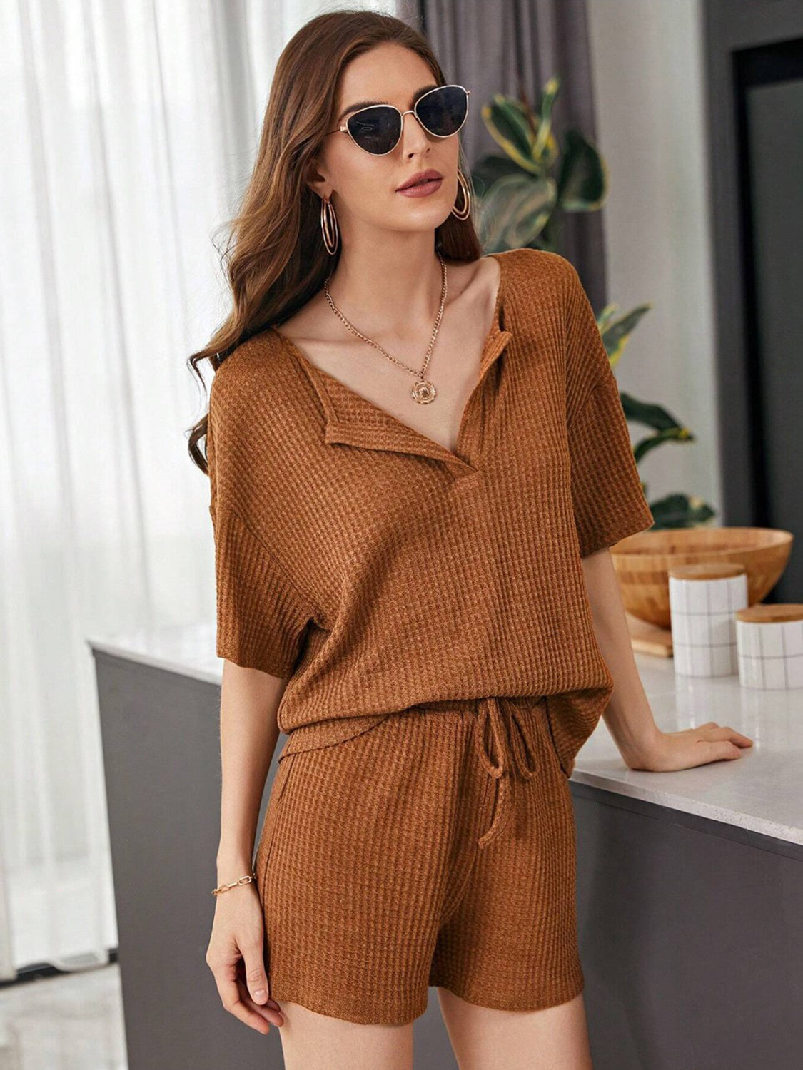 STUNNLY  Full Size Waffle-Knit Dropped Shoulder Top and Shorts Set Ochre S 