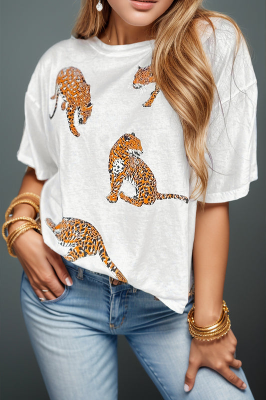 STUNNLY  Animal Round Neck Dropped Shoulder T-Shirt White S 