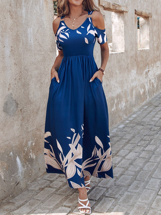 Printed Cold Shoulder Short Sleeve Maxi Dress Navy S 