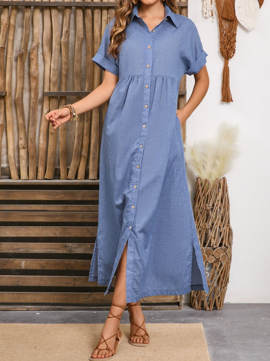 Slit Collared Neck Short Sleeve Midi Dress Dusty Blue S 