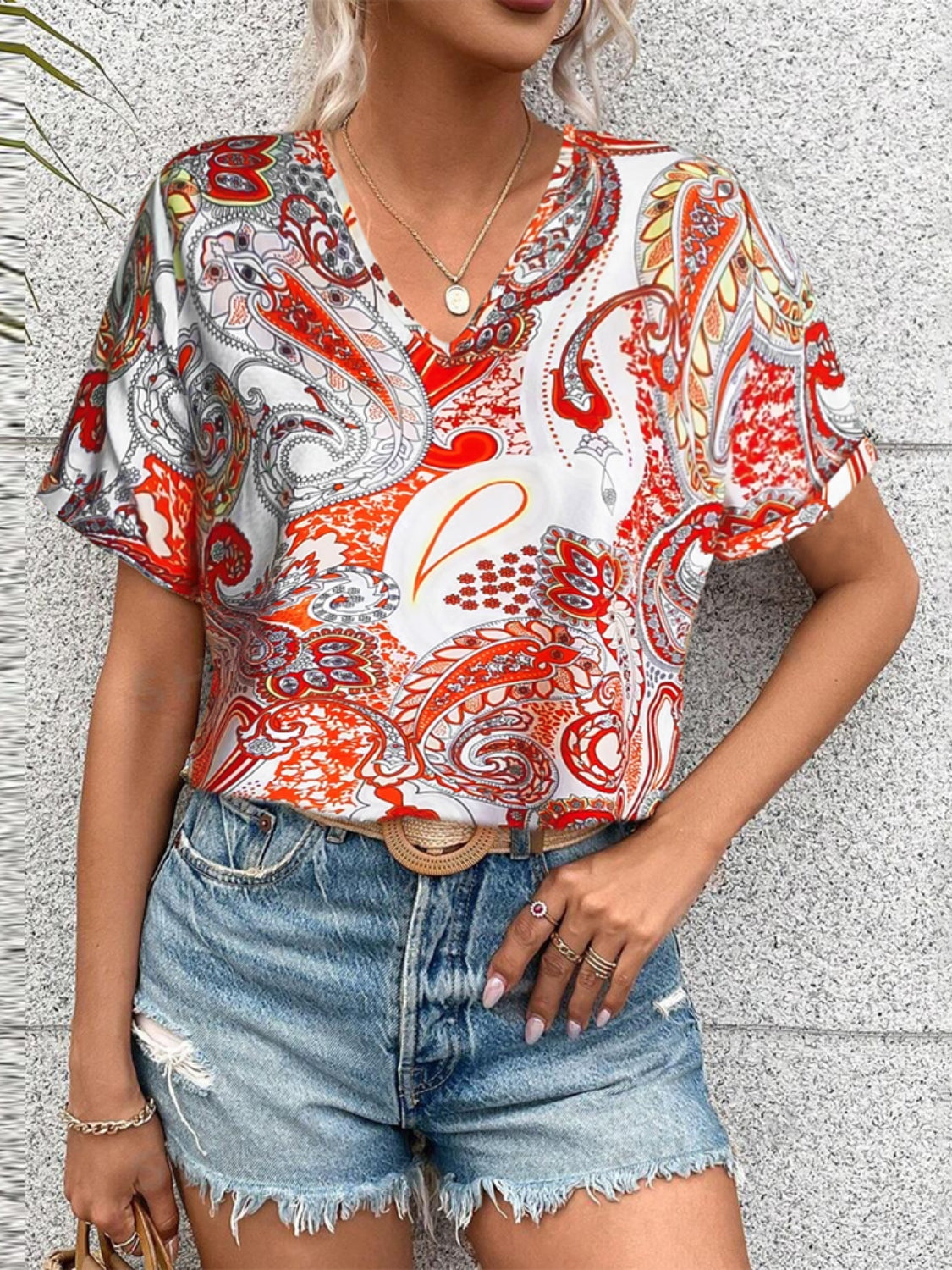 Printed V-Neck Short Sleeve Blouse Red S 