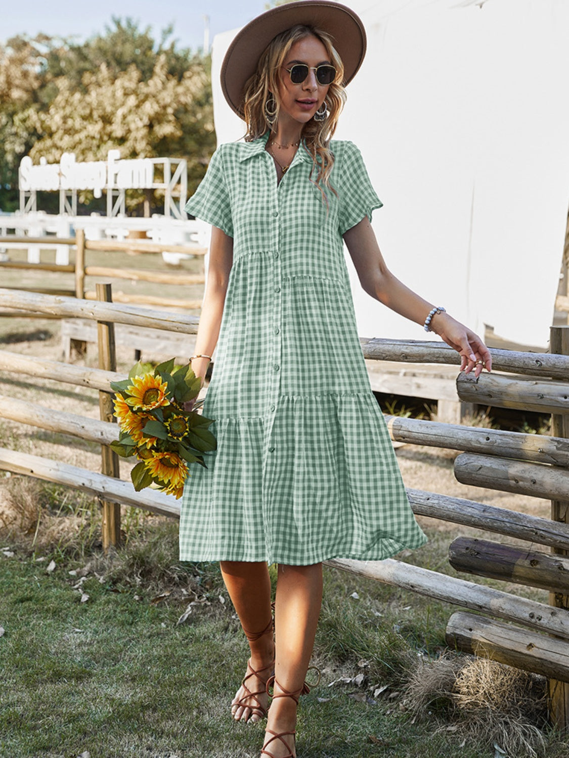 Button Up Plaid Short Sleeve Midi Dress   