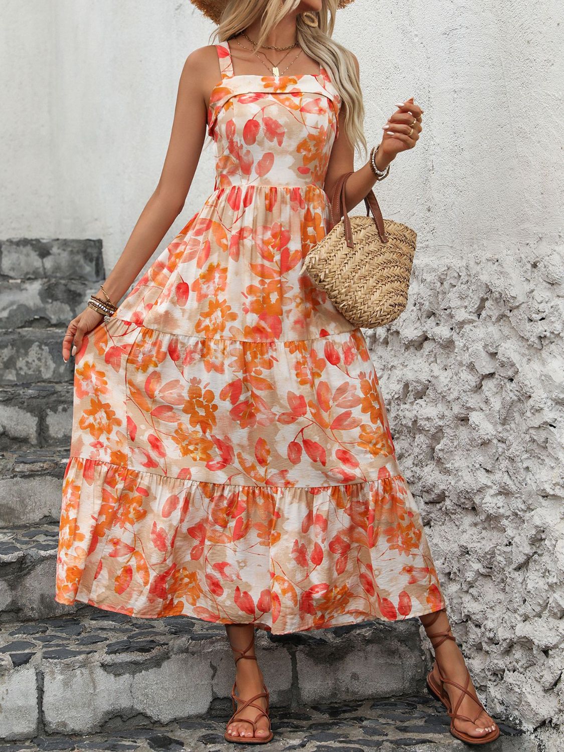 Crisscross Printed Square Neck Midi Dress Orange S 