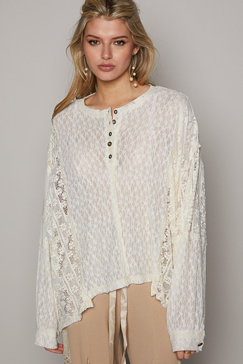 POL Round Neck Long Sleeve Raw Edge Lace Top   