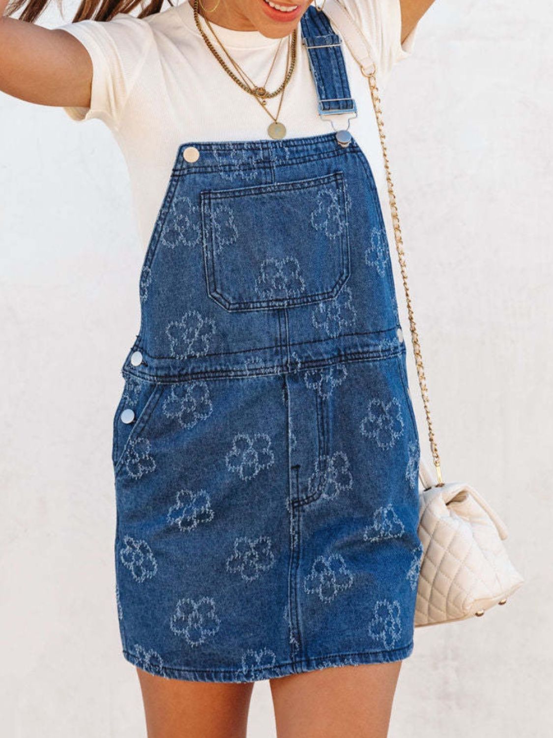 Flower Wide Strap Denim Overall Dress with Pockets   