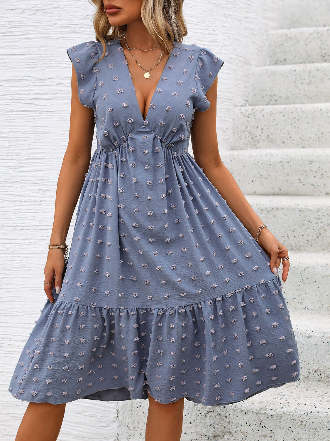 Swiss Dot V-Neck Cap Sleeve Dress   