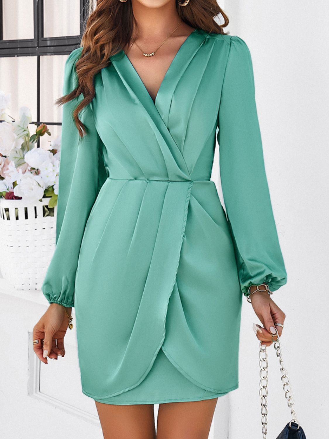 Ruched Surplice Long Sleeve Mini Dress   