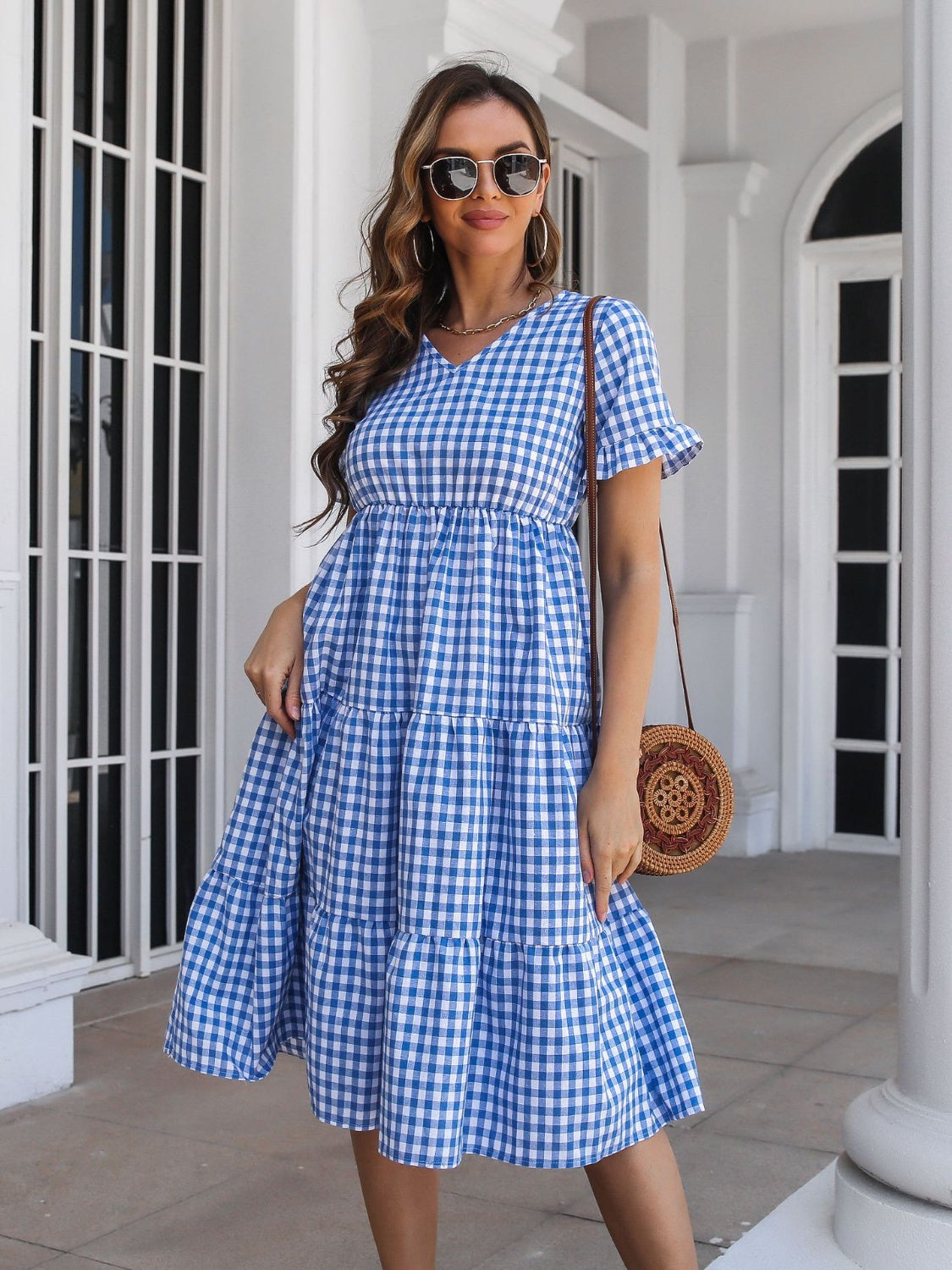 Plaid V-Neck Short Sleeve Midi Dress   