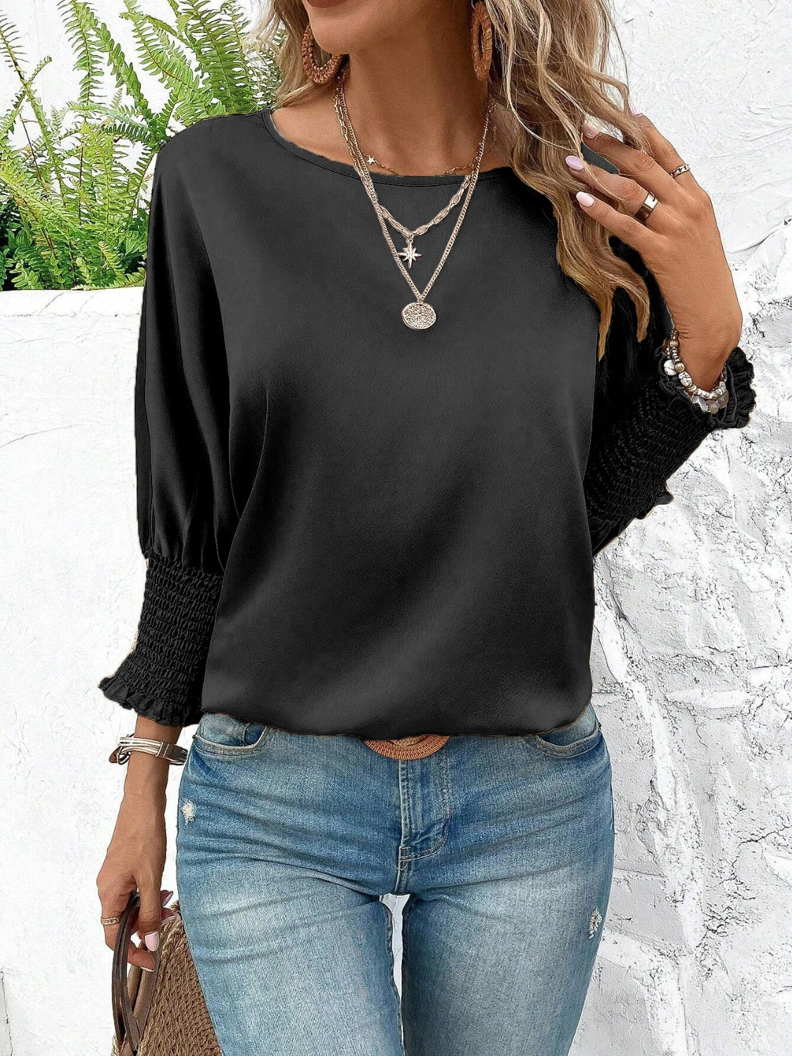 STUNNLY  Smocked Round Neck Three-Quarter Sleeve Blouse Black S 