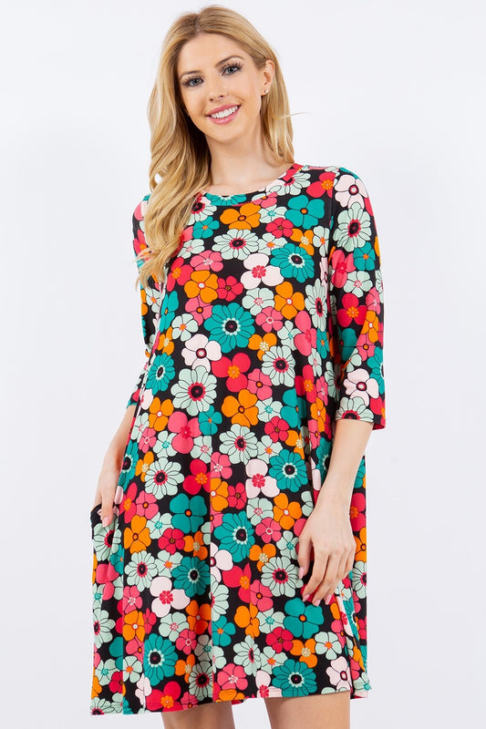 Celeste Full Size Floral Three-Quarter Sleeve Dress with Pockets Black Floral S 