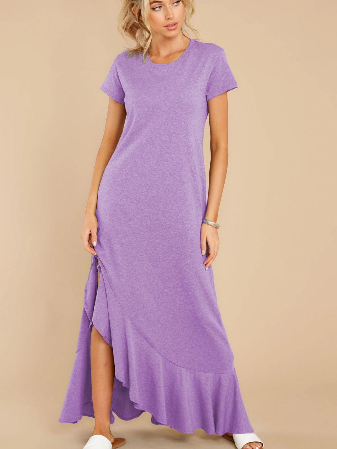 Slit Round Neck Short Sleeve Maxi Dress   