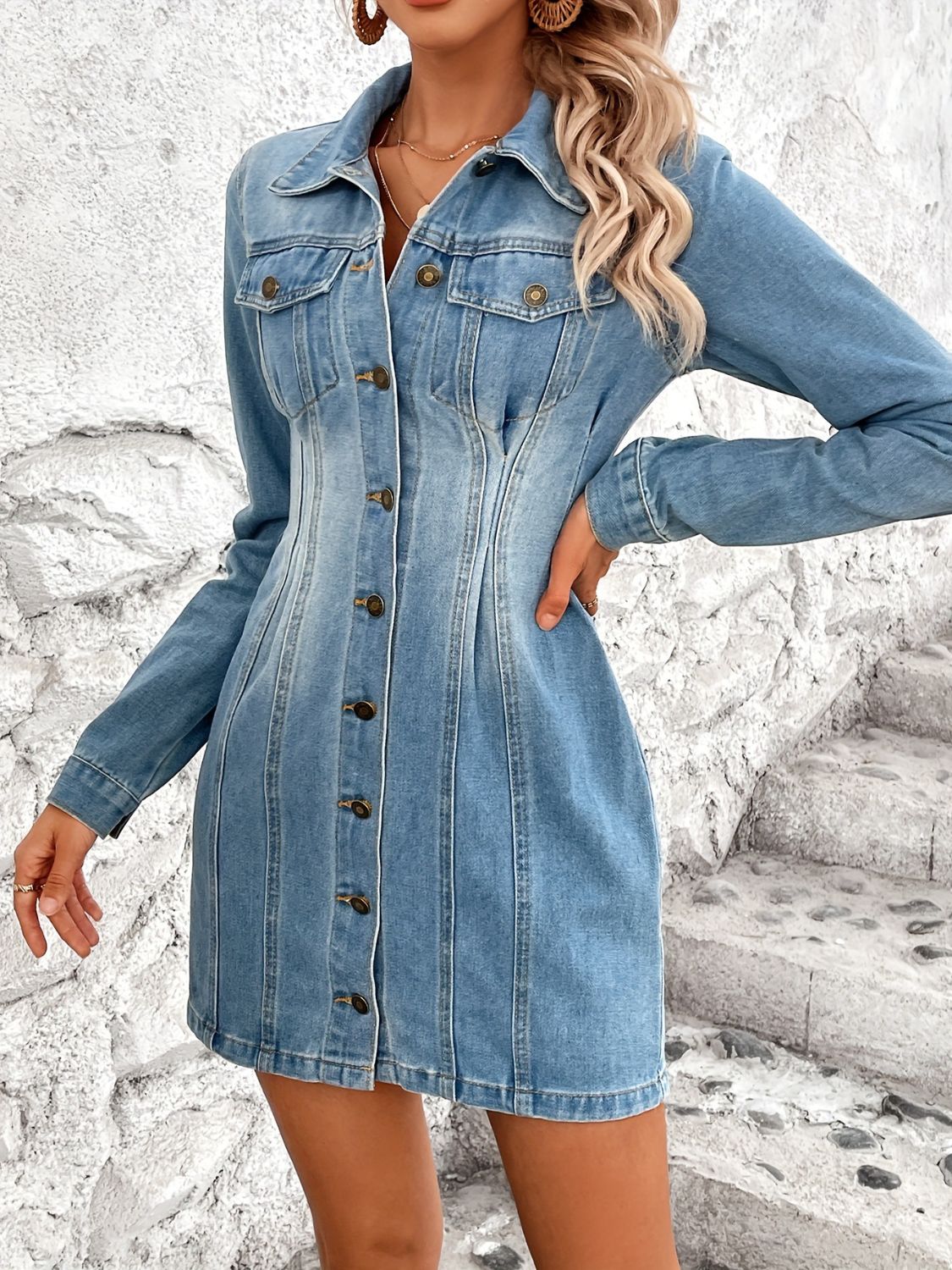 Pocketed Button Up Long Sleeve Denim Dress   