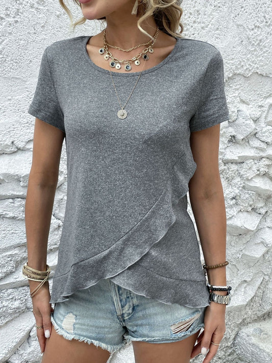 Ruffled Round Neck Short Sleeve Top Heather Gray S 