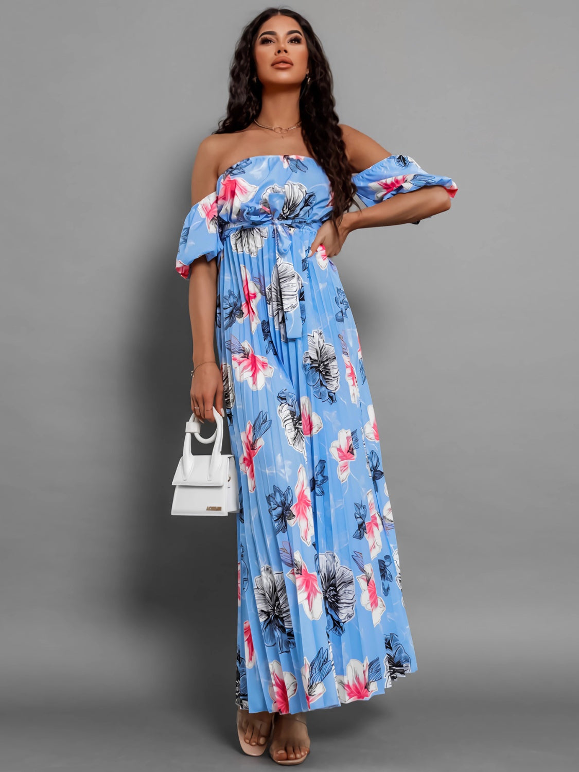 Pleated Floral Off-Shoulder Short Sleeve Midi Dress Sky Blue S 