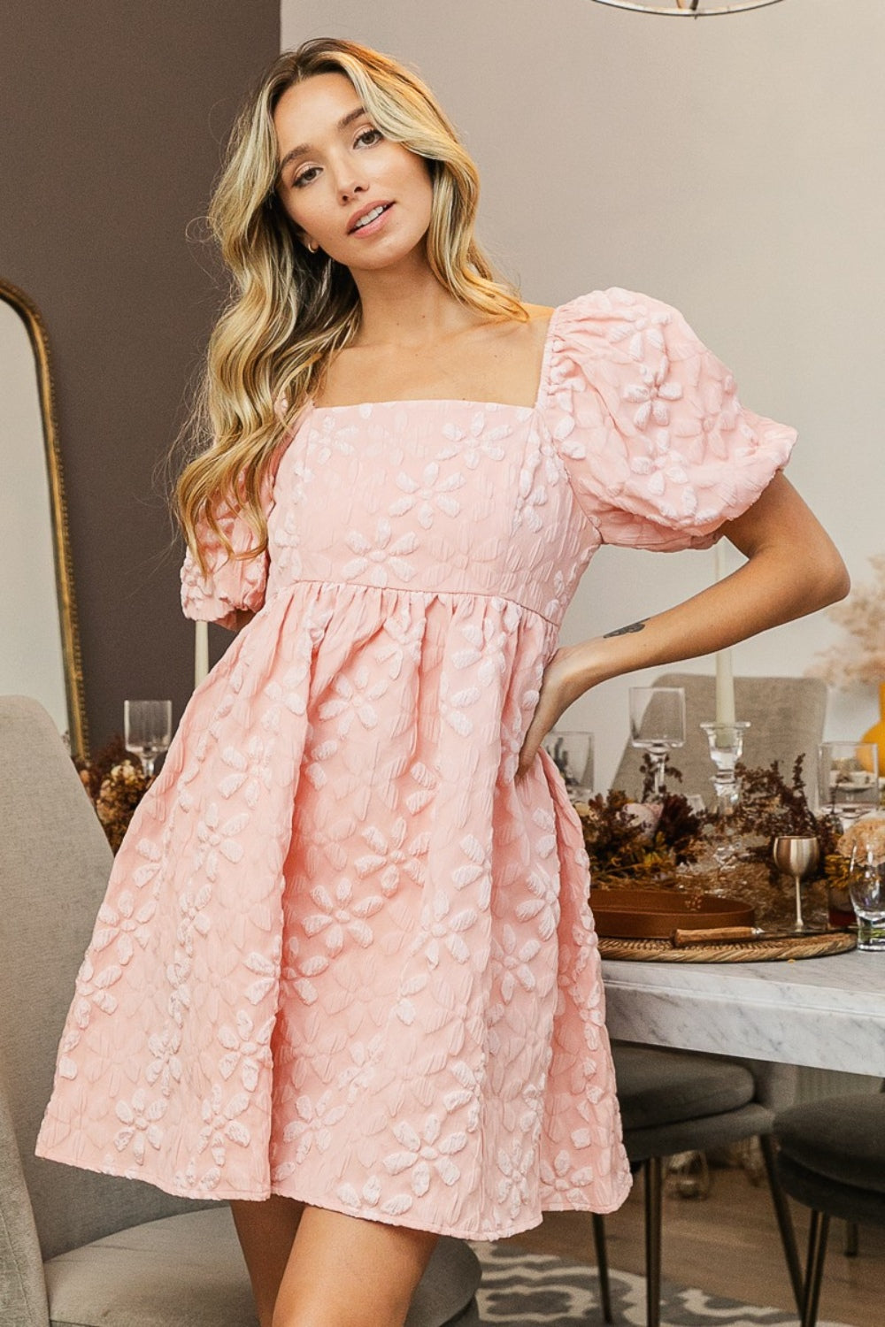 BiBi Flower Square Neck Puff Sleeve Dress   