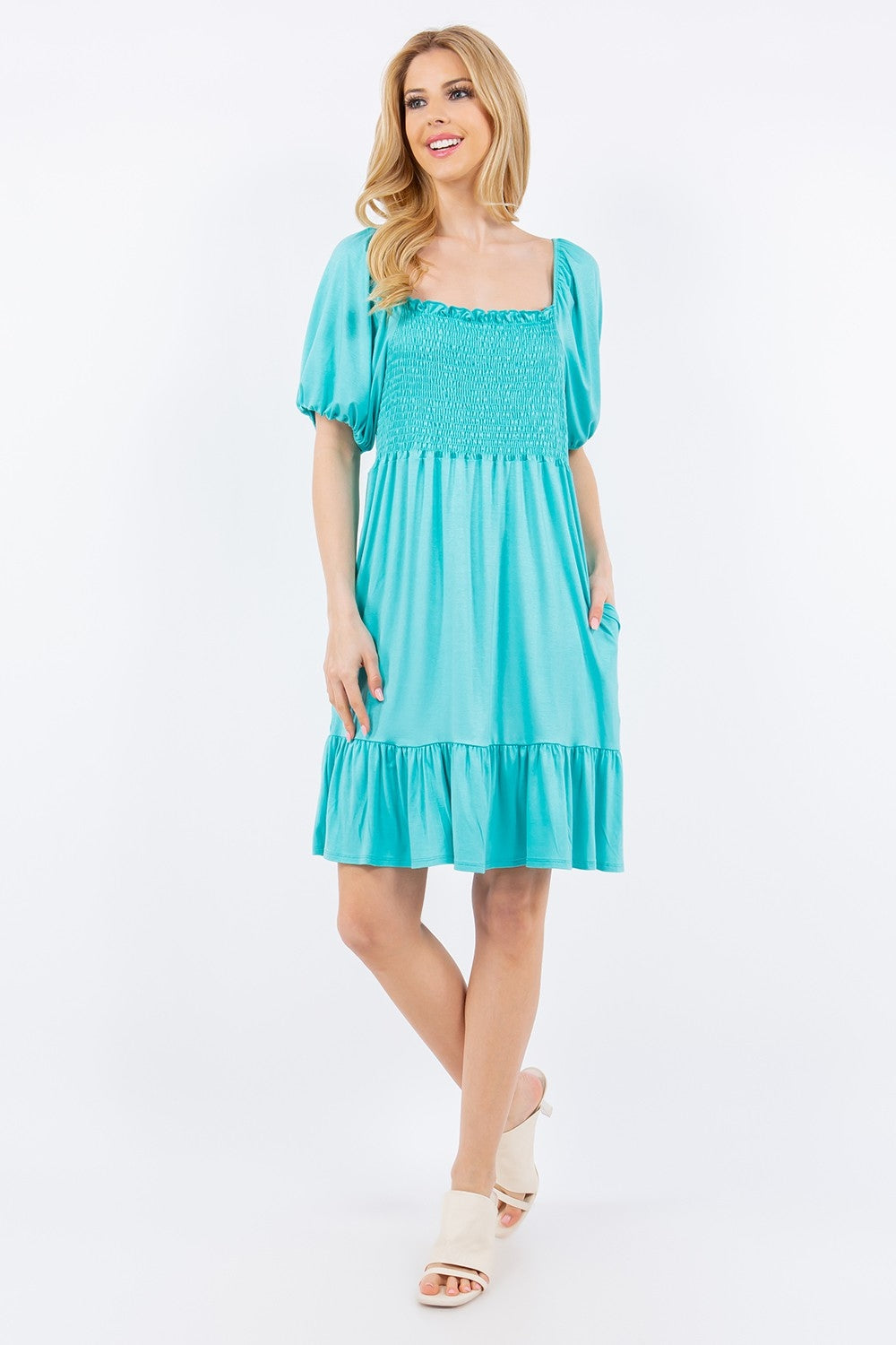 Celeste Full Size Ruffle Hem Short Sleeve Smocked Dress   