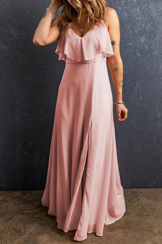 Slit Ruffled V-Neck Maxi Dress Watermelon pink S 