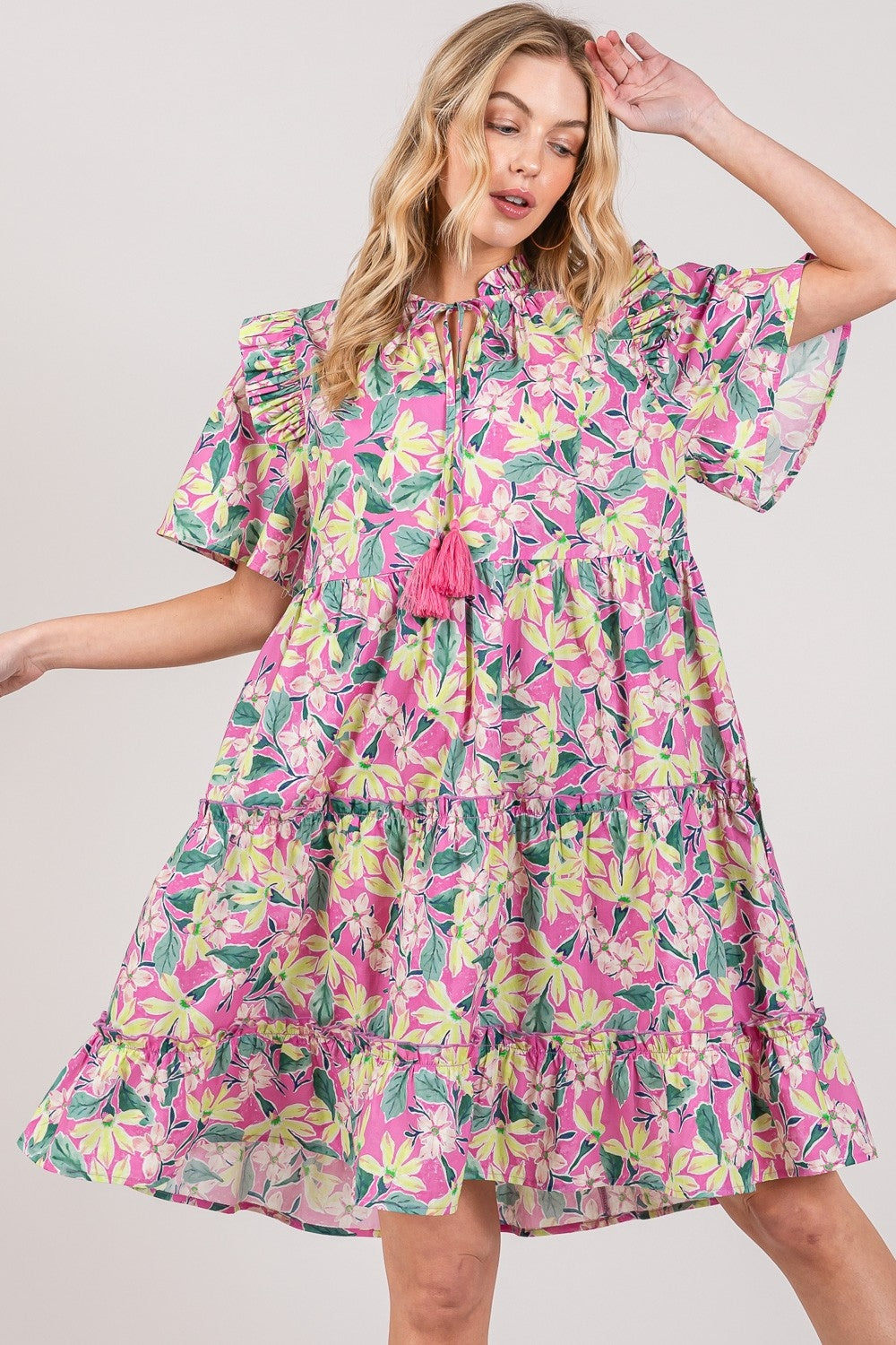 SAGE + FIG Floral Ruffle Short Sleeve Dress Pink S 