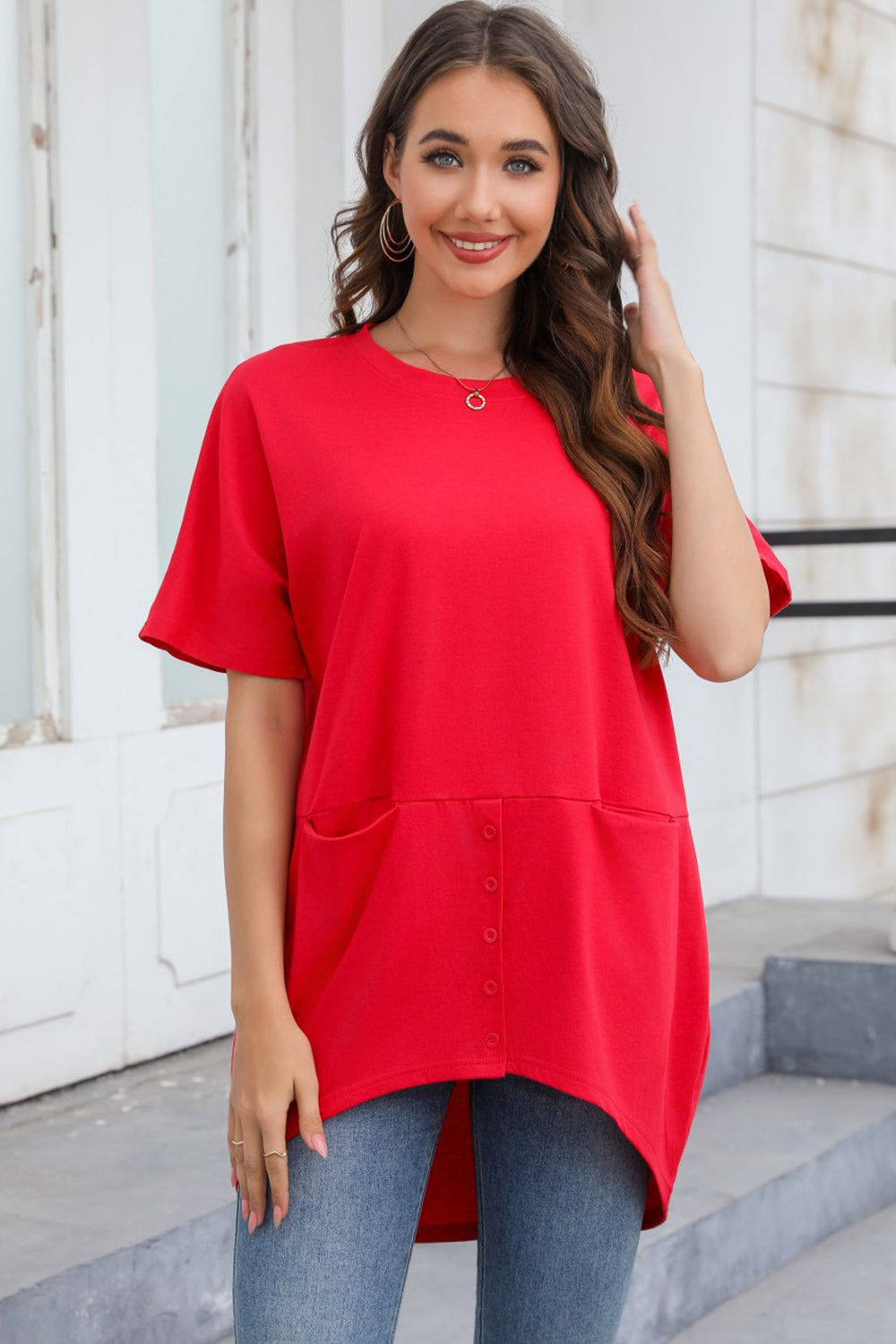 STUNNLY  Round Neck Short Sleeve T-Shirt Red S 