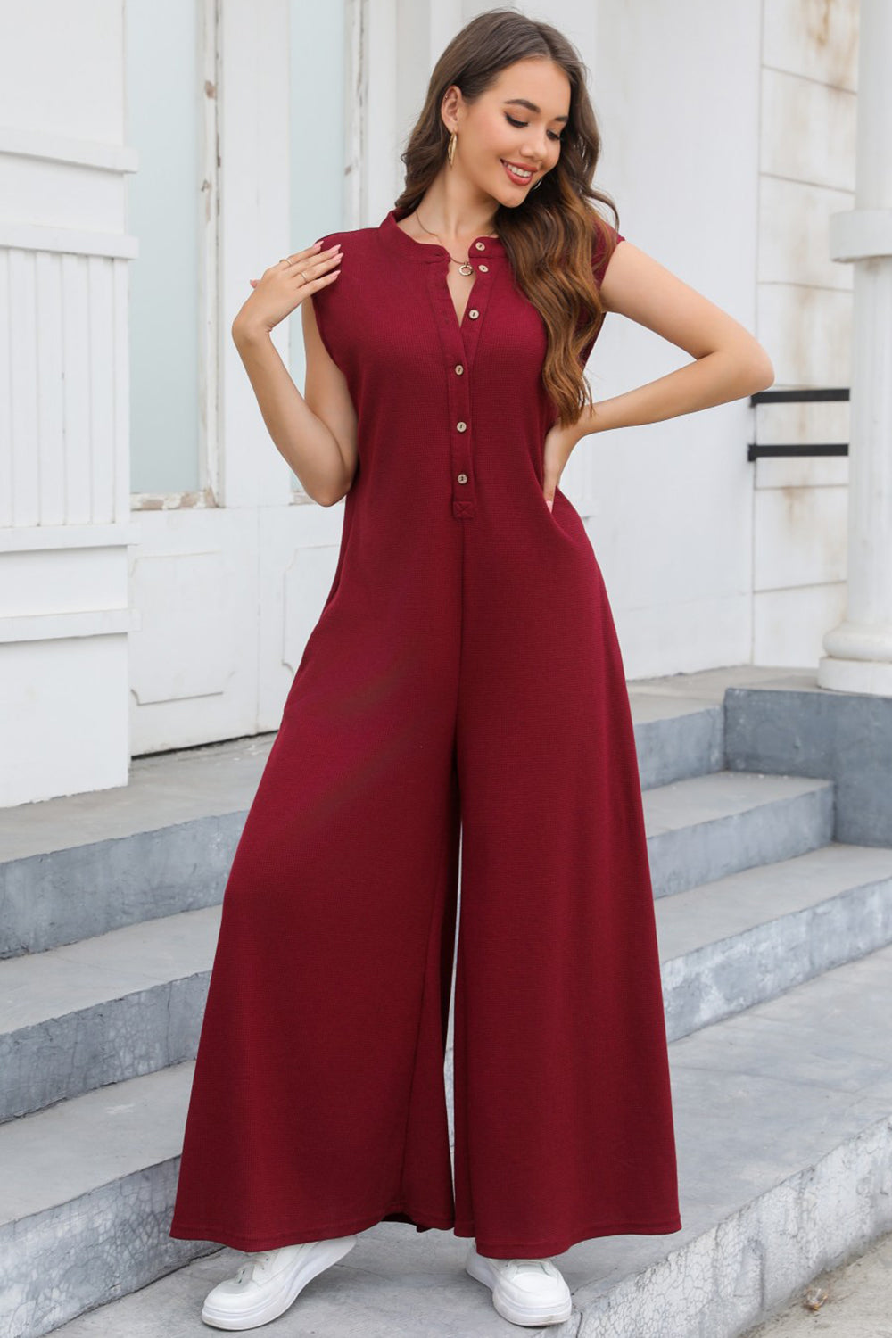 STUNNLY  Half Button Wide Leg Jumpsuit with Pockets   