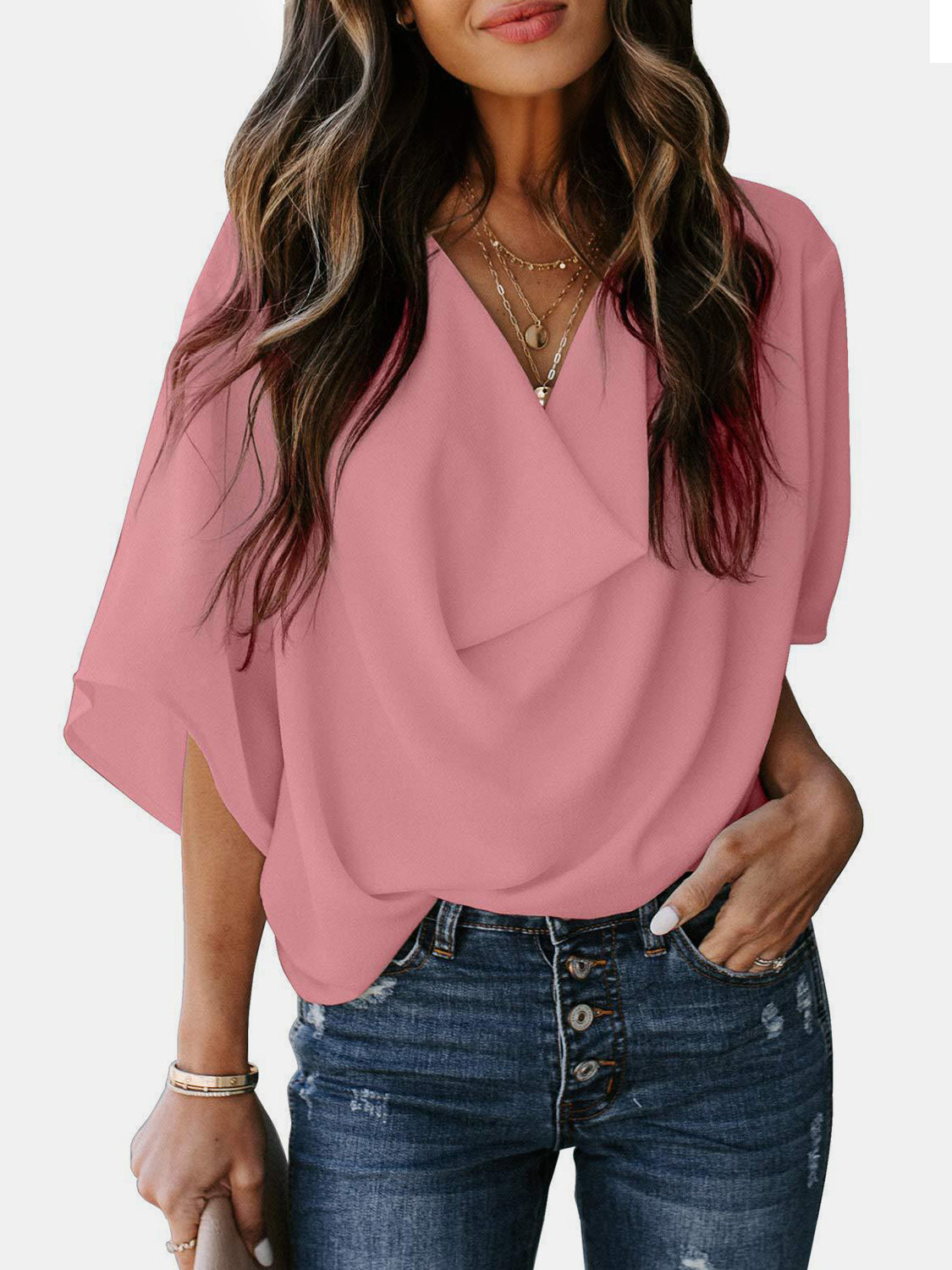 STUNNLY  Full Size Cowl Neck Three-Quarter Sleeve Blouse   