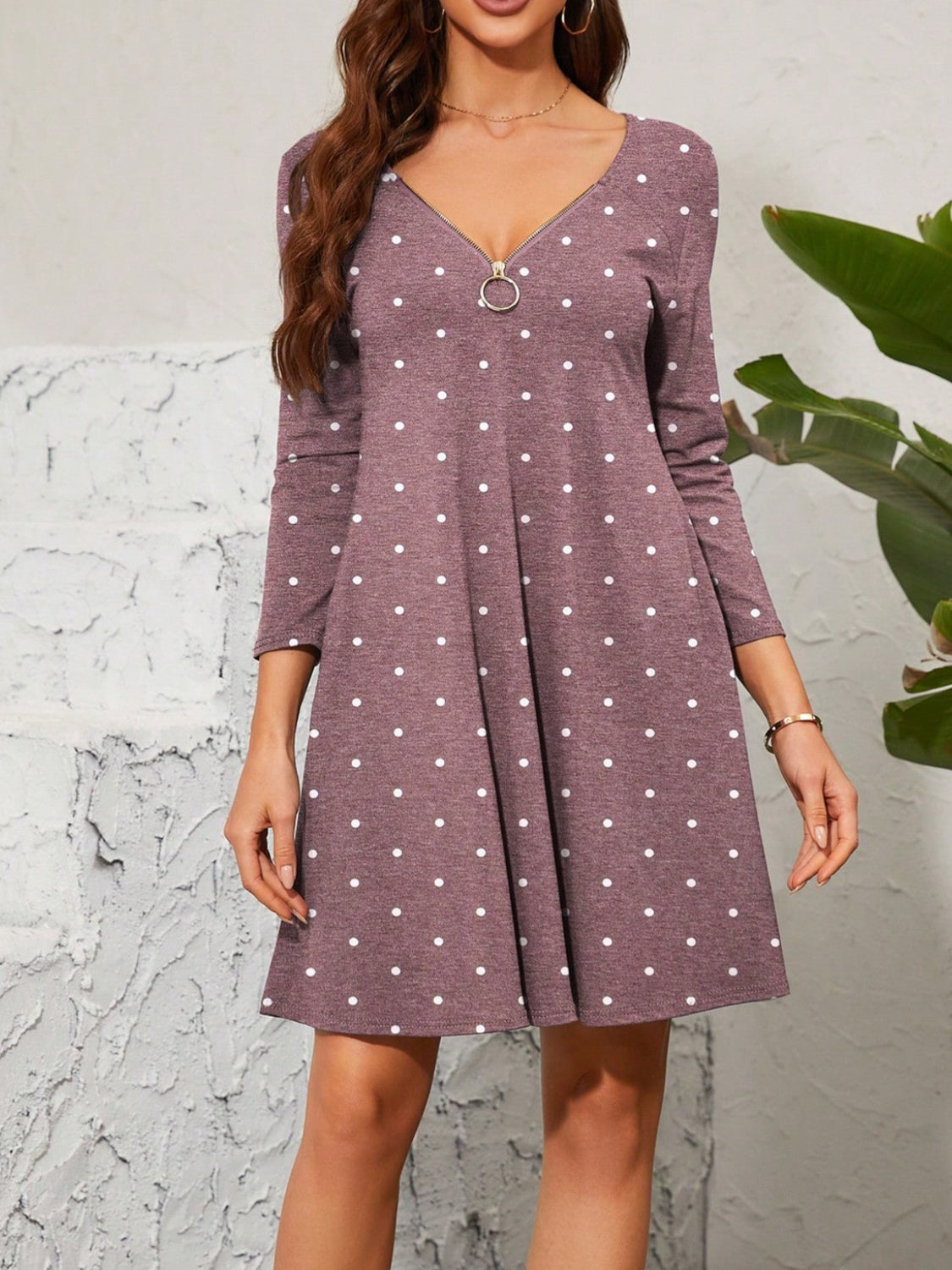 Polka Dot Quarter Zip Long Sleeve Dress Mauve S 