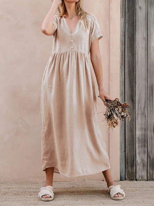 V-Neck Short Sleeve Midi Dress Tan S 