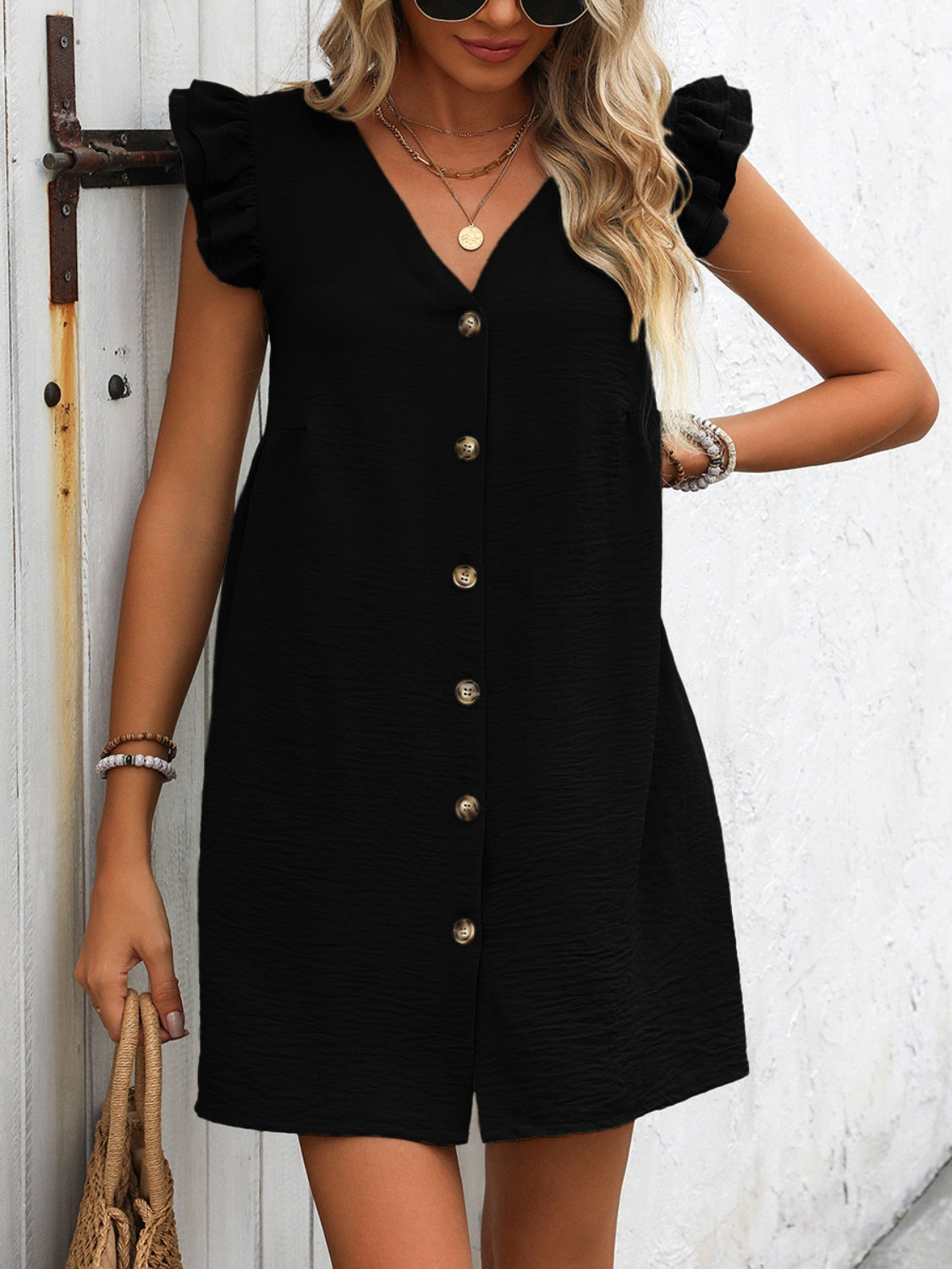 Button Up V-Neck Cap Sleeve Mini Dress   