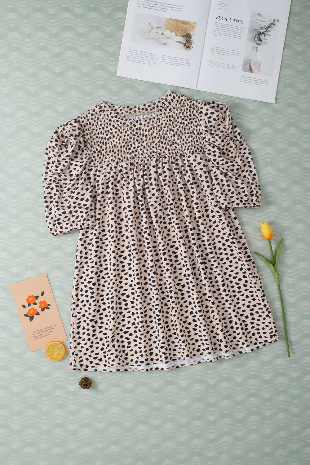 STUNNLY  Smocked Animal Print Puff Sleeve Blouse   