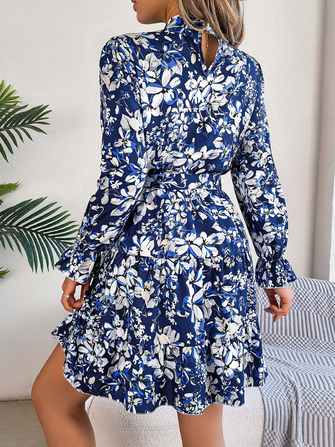 Printed Mock Neck Flounce Sleeve Mini Dress   