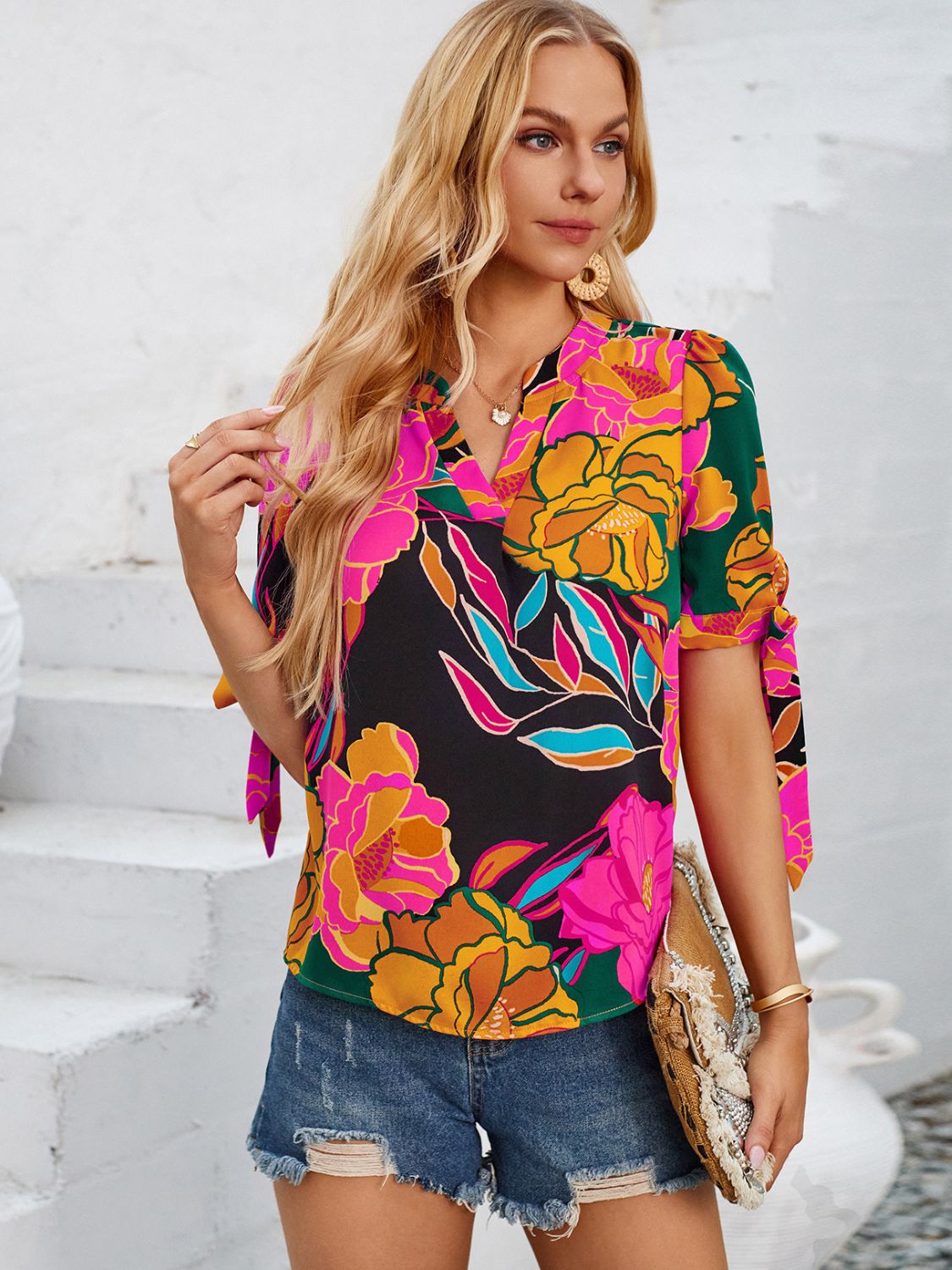 Tied Printed Notched Short Sleeve Blouse Hot Pink S 