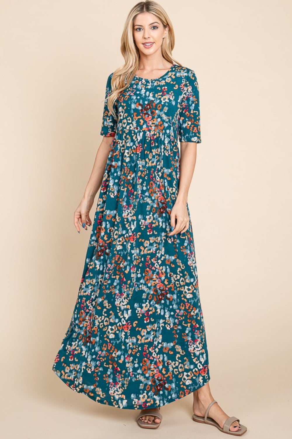 BOMBOM Printed Shirred Maxi Dress   