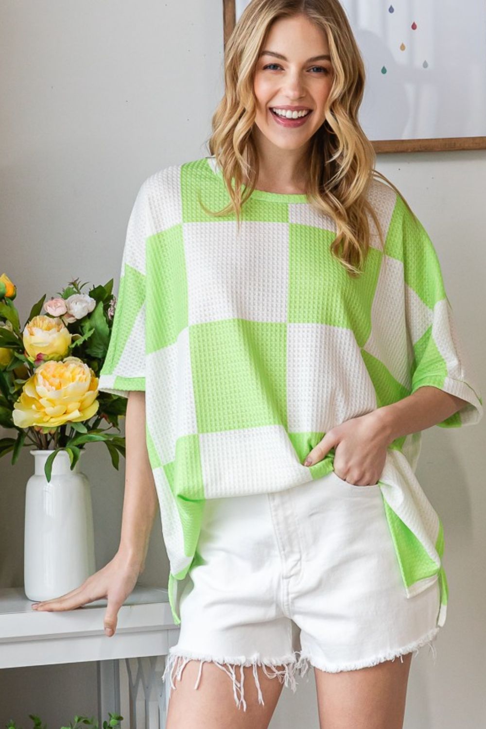 HOPELY Checkered Waffle Oversized T-Shirt Mint Green S 