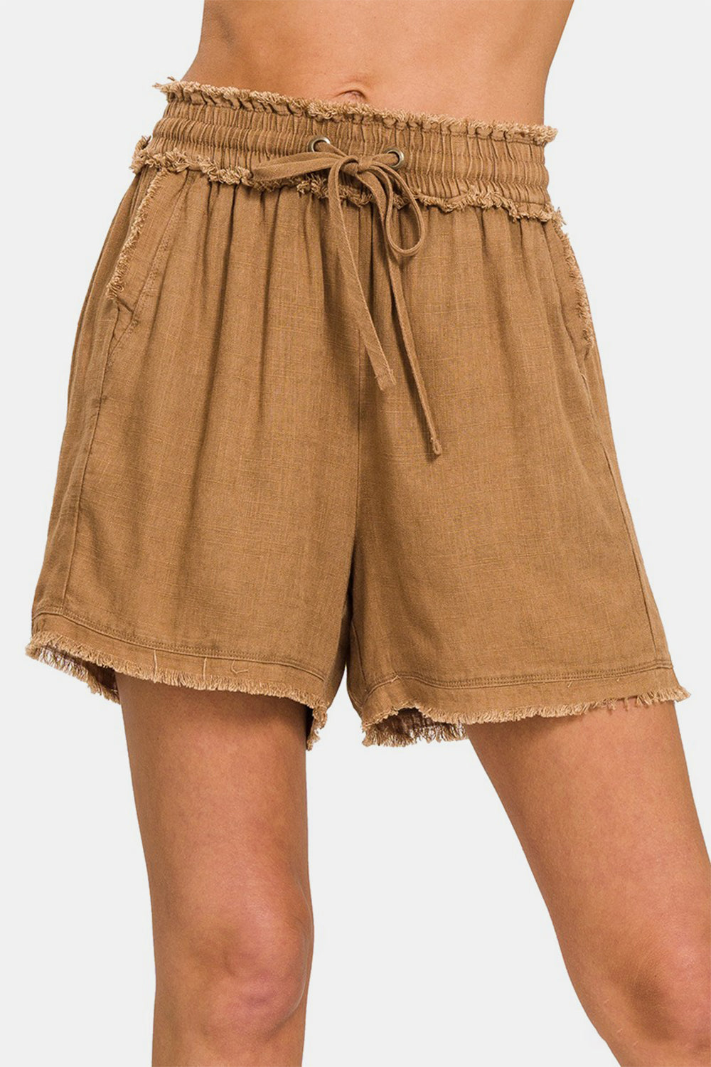 Zenana Washed Linen Frayed Hem Drawstring Shorts Deep Camel S 