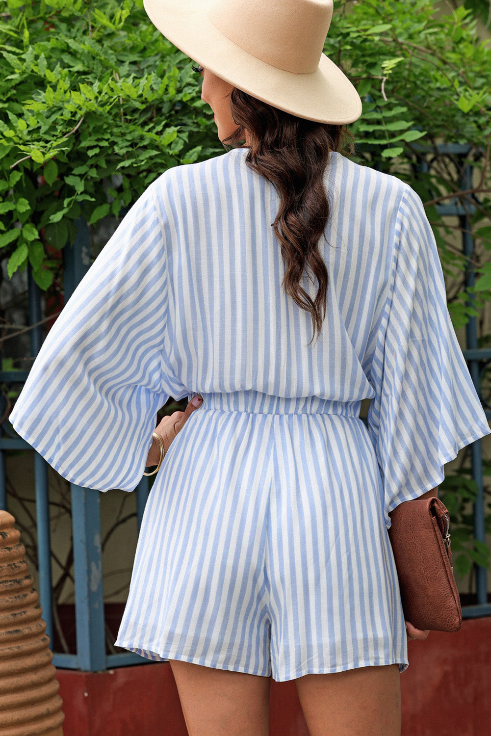 STUNNLY  Tied Striped Three-Quarter Sleeve Romper   