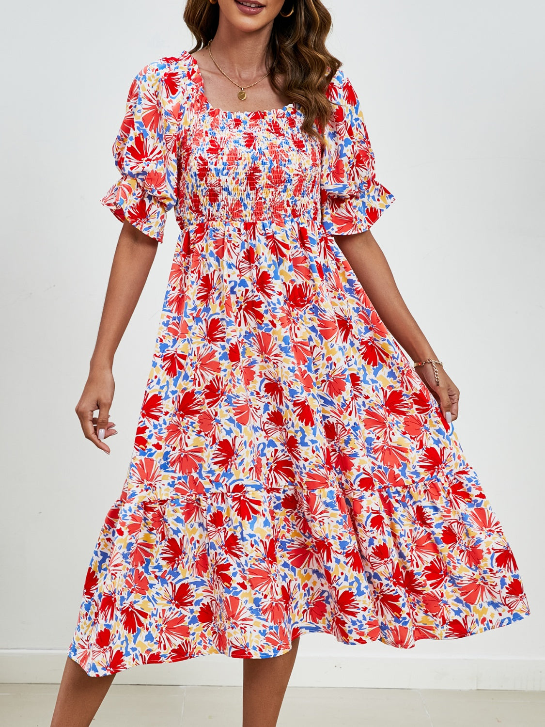 Smocked Floral Square Neck Short Sleeve Dress   