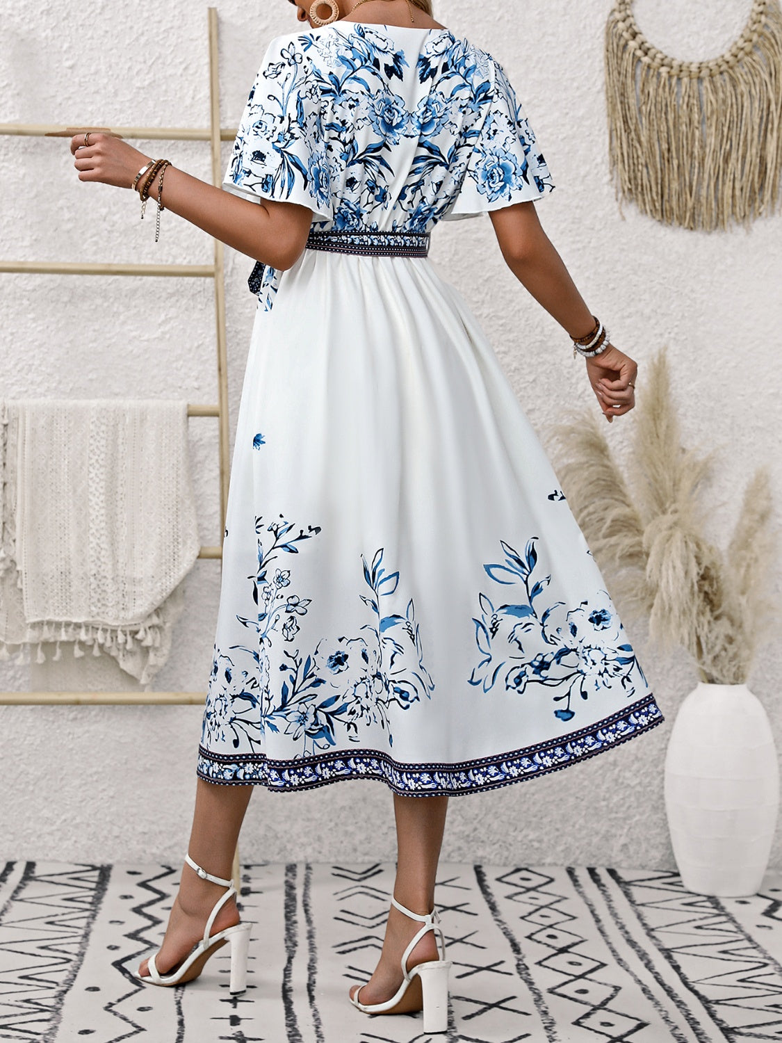 Printed Surplice Flutter Sleeve Dress   