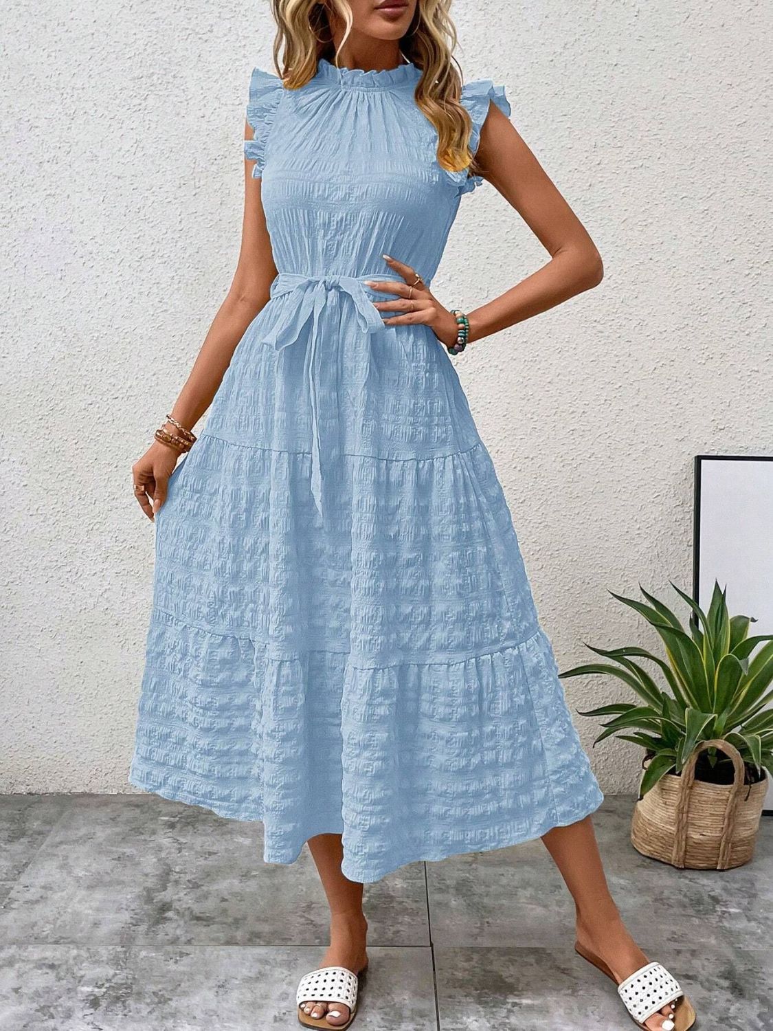 Tied Ruffled Cap Sleeve Midi Dress   